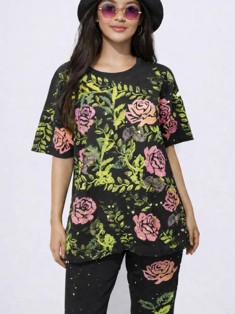 90s VINTAGE Two-Piece Pants Set with Hand Painted Flower Design | Fits Sizes SMA